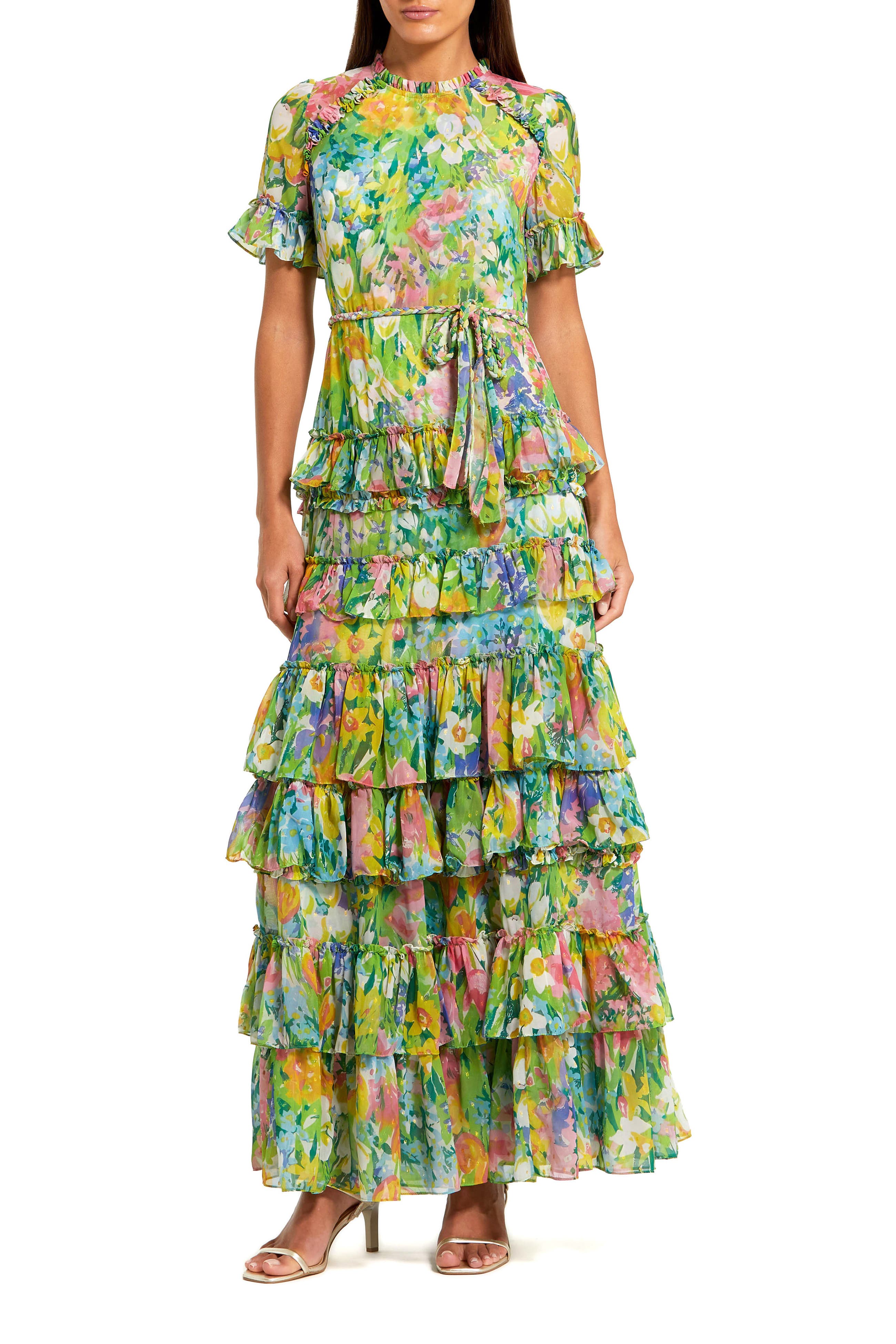 floral chiffon tiered dress Womens Adrianna Papell Blue Glazed Chiffon Gown 6