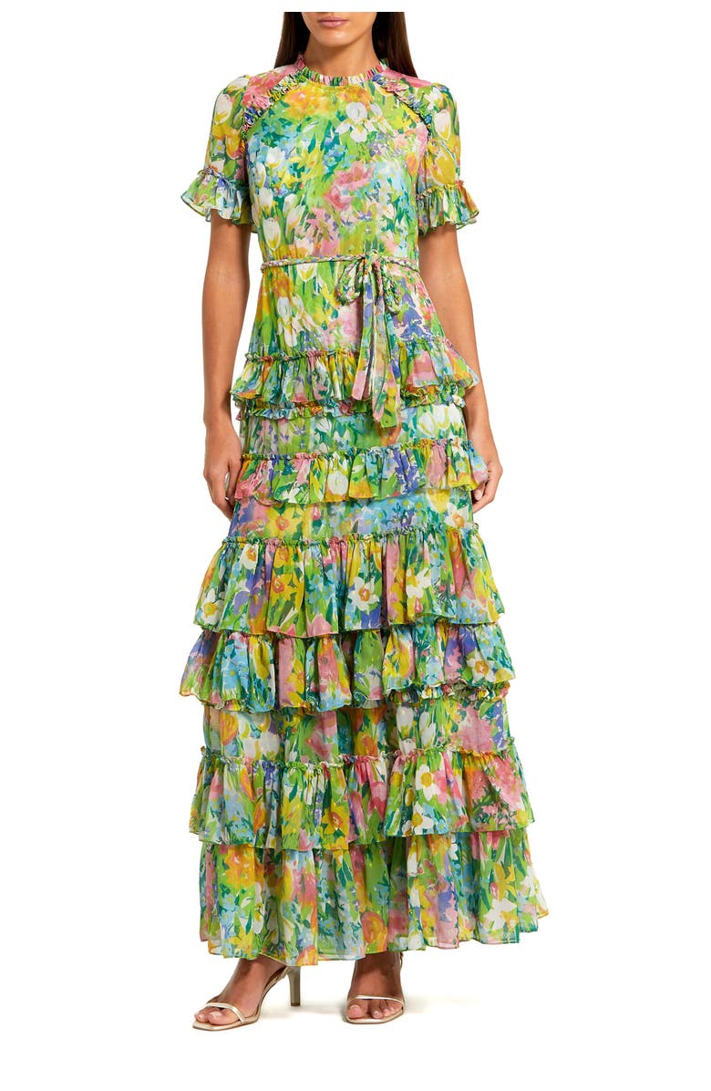 Mac Duggal Petite Floral Tiered Chiffon Dress with Ruffle Detail, Main, color, Multi