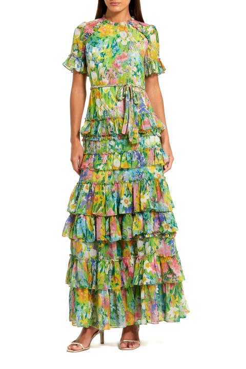 Petite Floral Tiered Chiffon Dress with Ruffle Detail