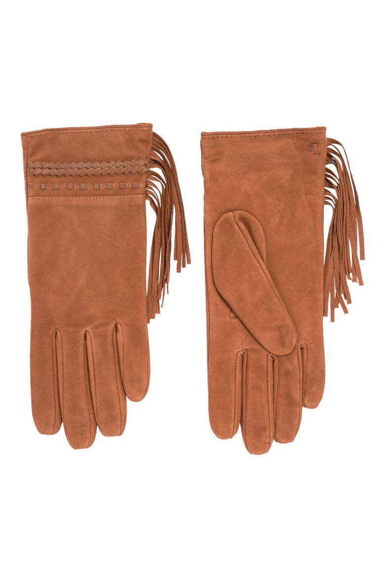 Laced Fringe Suede Gloves, Main, color, TOBACCO