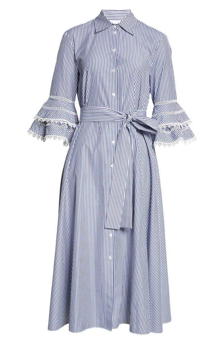 Carolina Herrera Stripe Tiered Ruffle Sleeve Belted Poplin Shirtdress, Alternate, color, White/ Blue