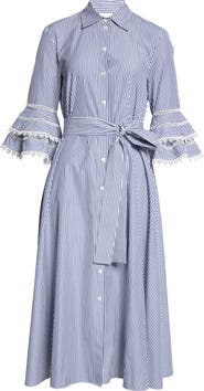 Carolina Herrera Stripe Tiered Ruffle Sleeve Belted Poplin Shirtdress