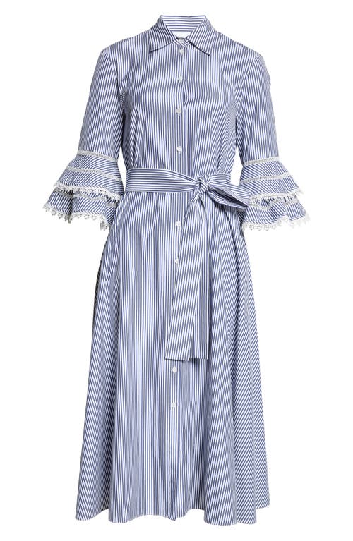 Carolina Herrera Stripe Tiered Ruffle Sleeve Belted Poplin Shirtdress In Multi