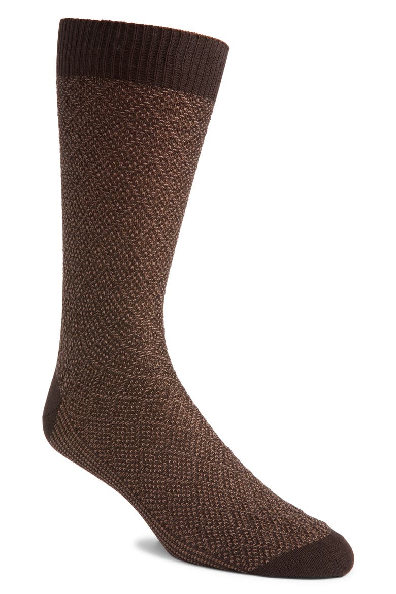 Geo Jacquard Cotton Dress Socks, Main, color, BROWN