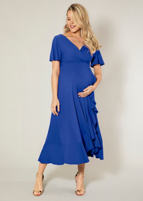 Tiffany Rose Maternity Waterfall Midi Maternity Dress In Blue