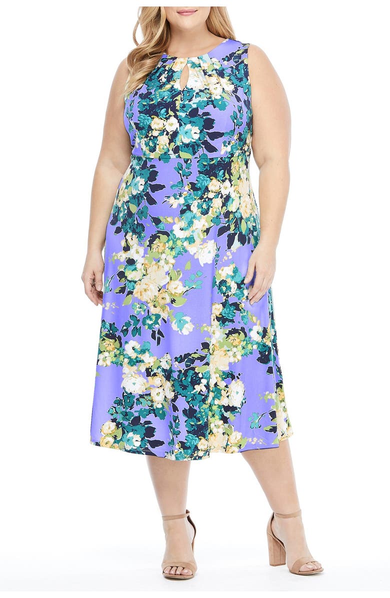 London Times Floral Pleated Neck Midi Dress, Alternate, color,