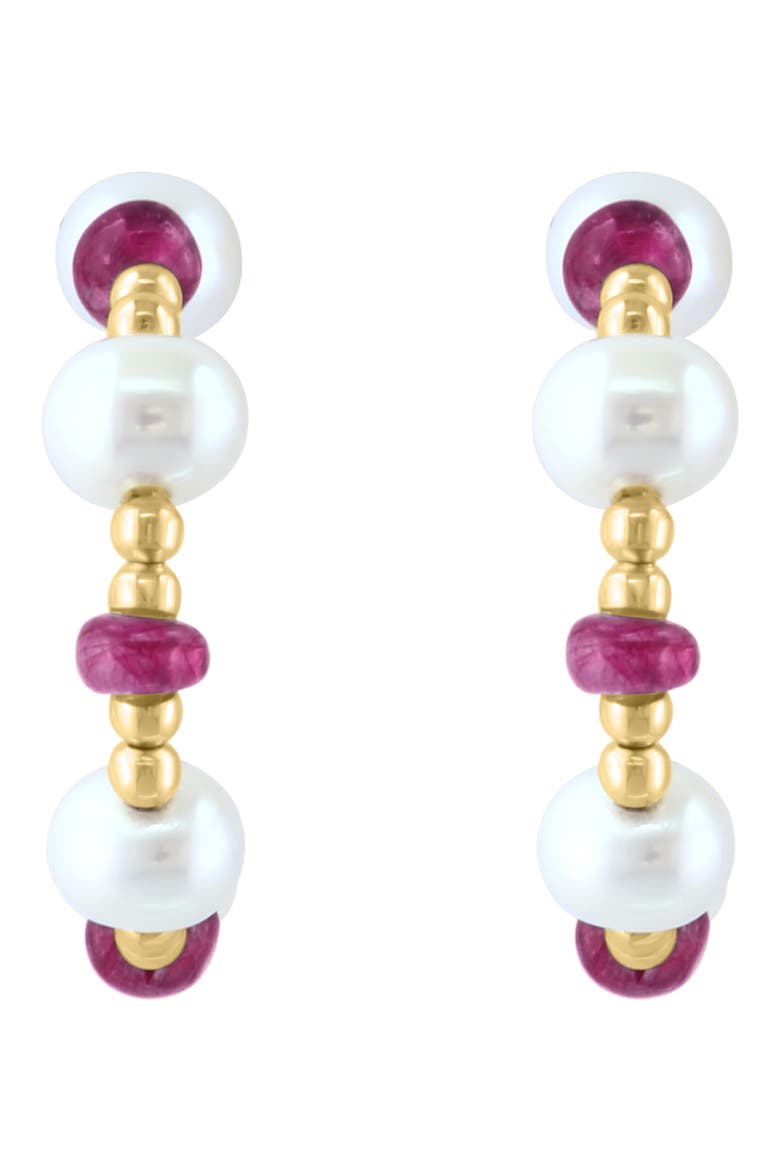 14K Yellow Gold 3.5–4.5mm Freshwater Pearl & Sapphire Beaded Hoop Earrings, Alternate, color, RED