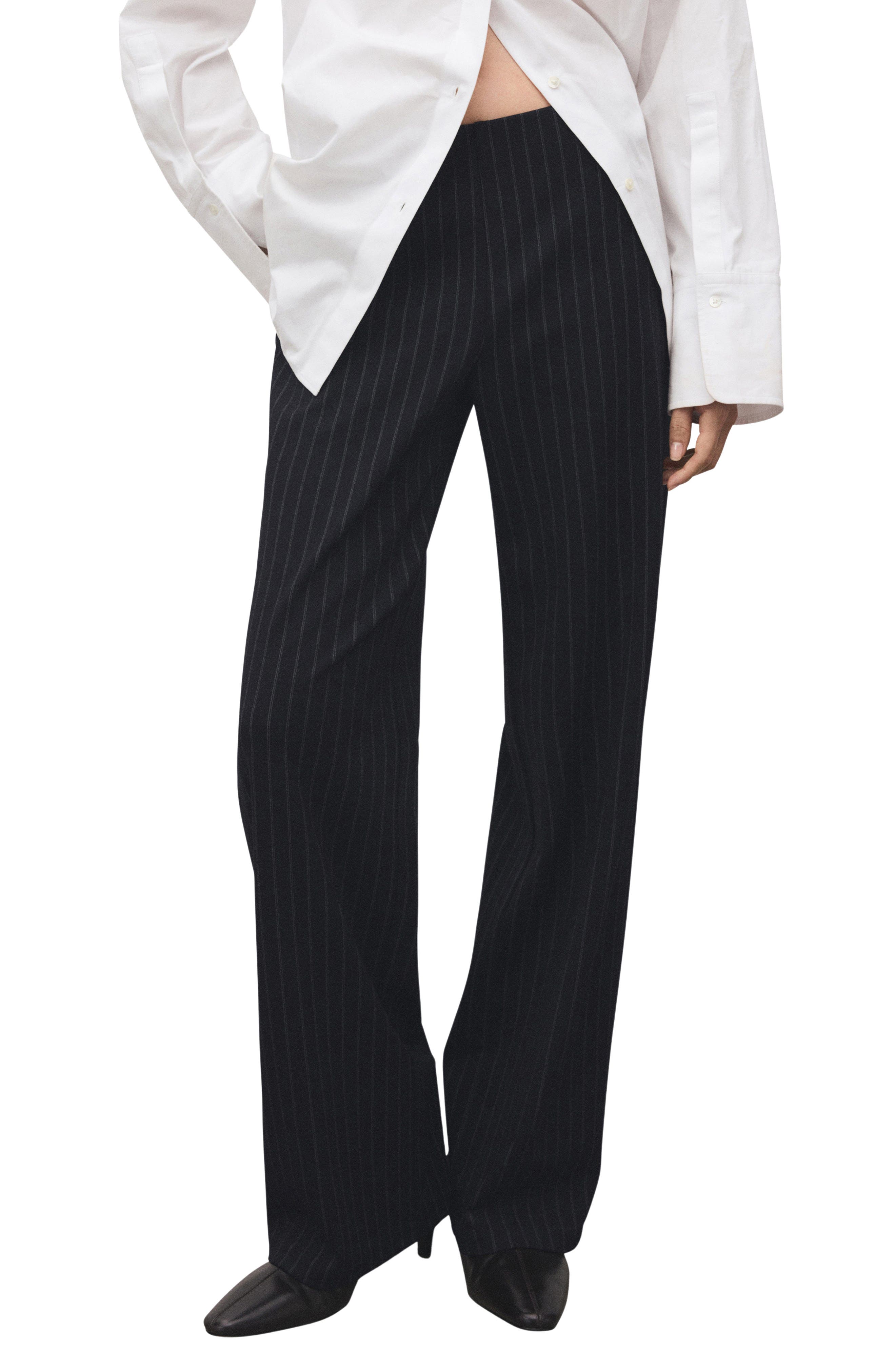 Pinstripe Pull-On Wide Leg Pants