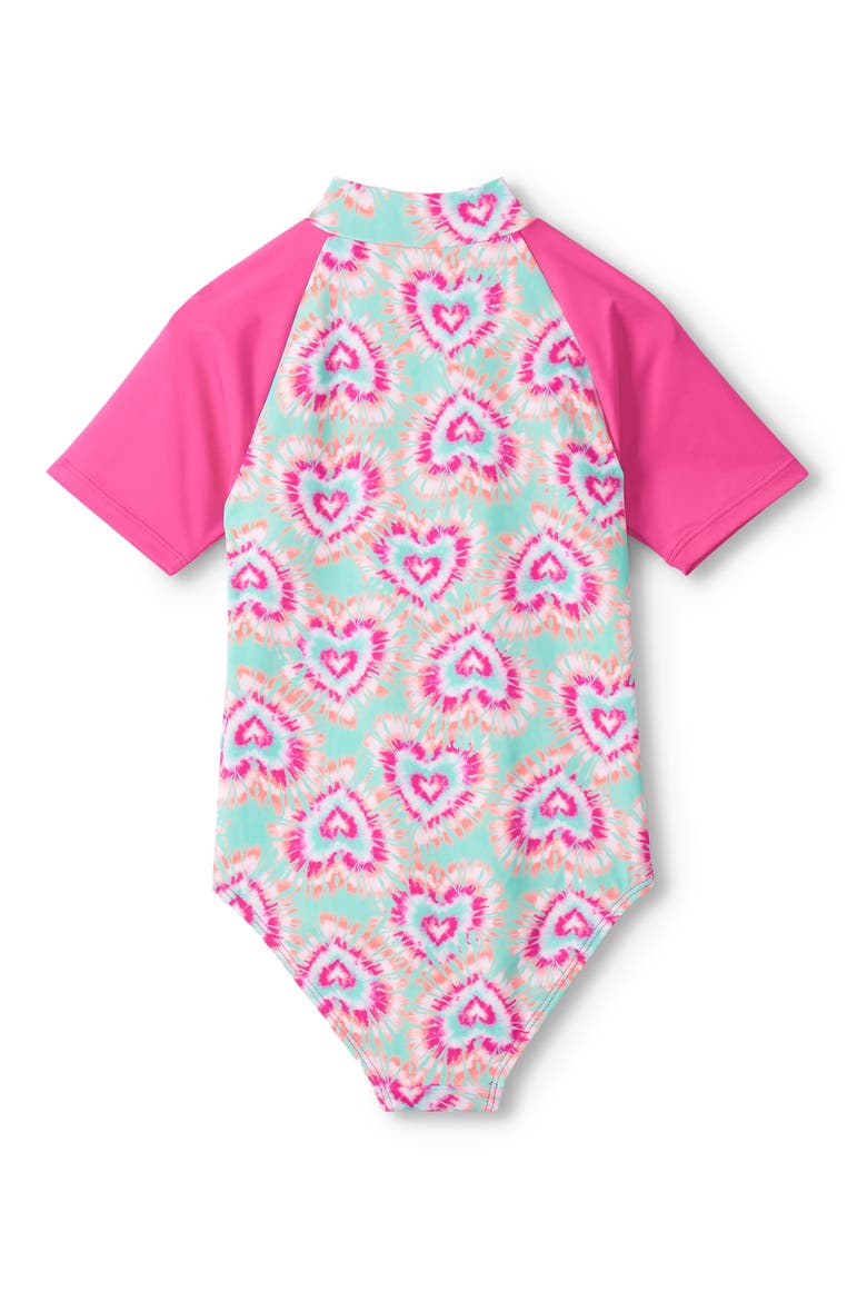 Kids' Glow Hearts Raglan Sleeve One-Piece Swimsuit, Alternate, color, GREEN/ PINK