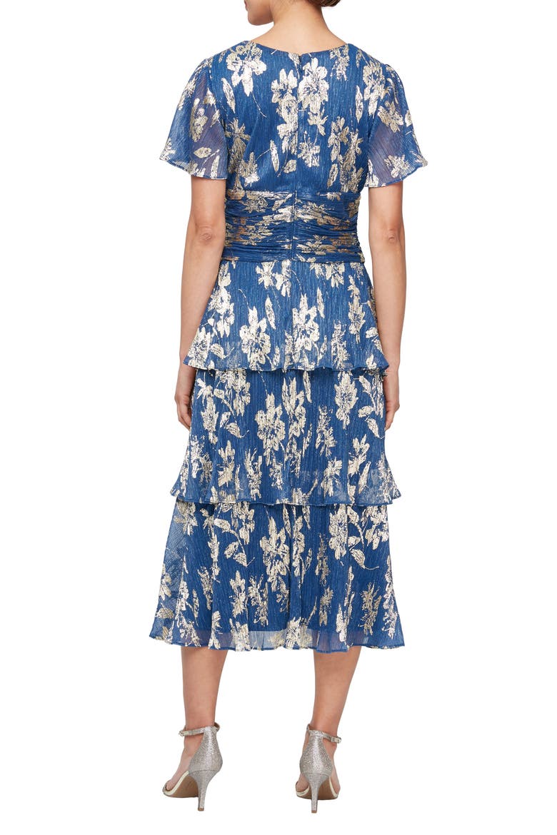 Metallic Floral Print Midi Cocktail Dress, Alternate, color, ROYAL GOLD