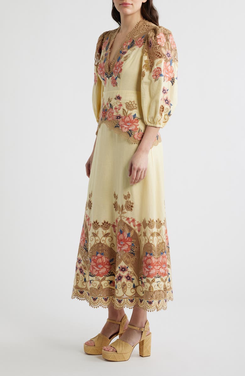 FARM Rio Embroidered Lace Linen Blend Midi Dress, Alternate, color, Sand