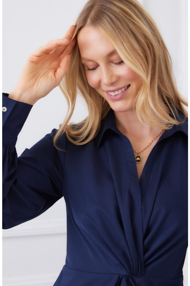Savannah Twist Front Long Sleeve Sateen Midi Dress, Alternate, color, NAVY