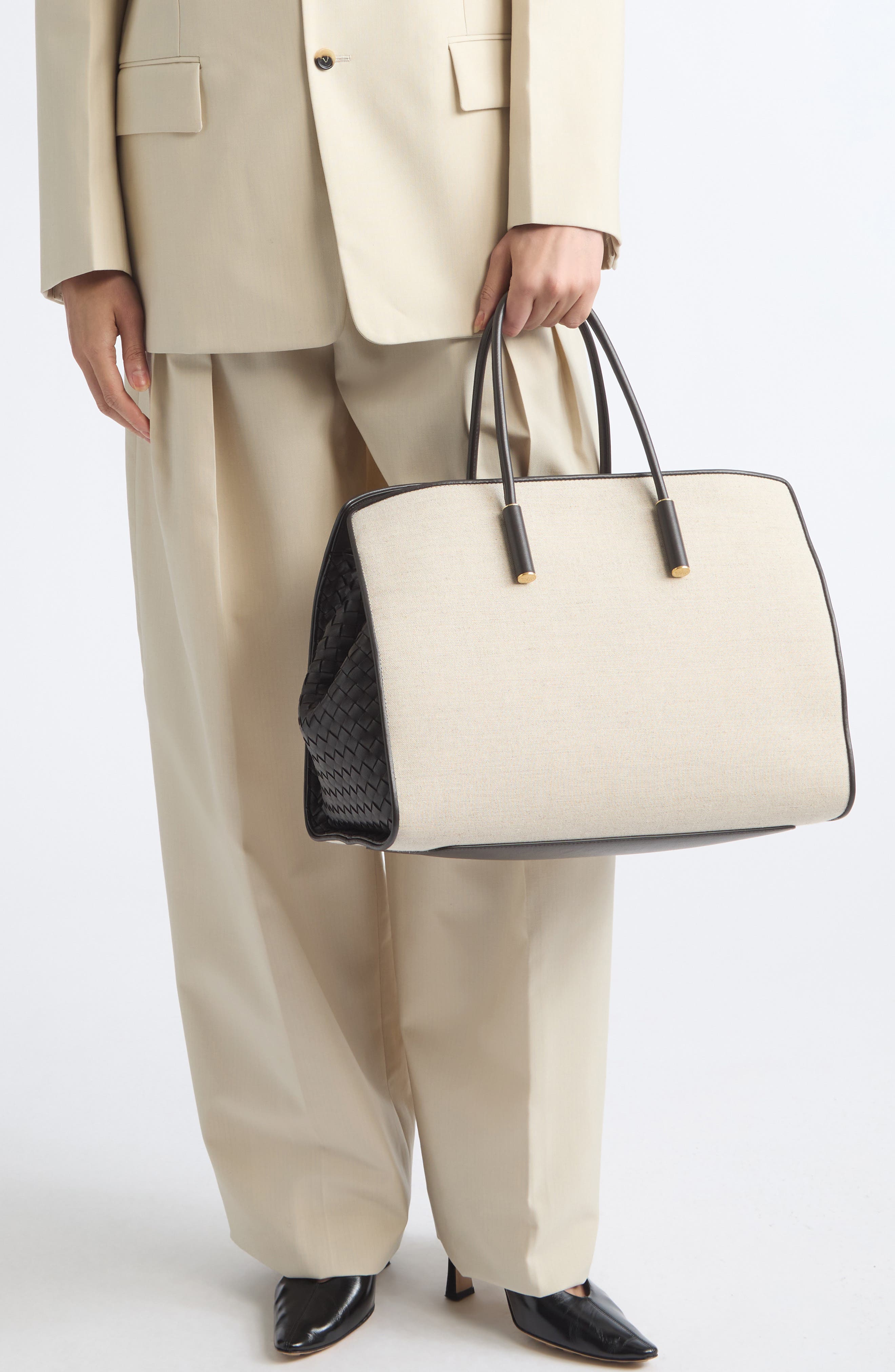 Barbara Canvas & Intrecciato Leather Tote, Alternate, color, 9965 NATURAL/ ESPR-BRASS V