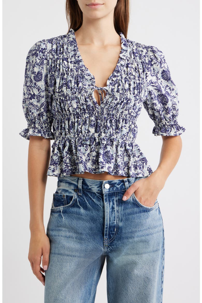 Fontaine Floral Smocked Top, Main, color, INDIGO MARIGOLD