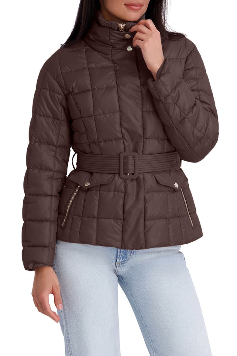 Belted Quilted Cire Puffer Coat, Alternate, color, CHOCOLATE