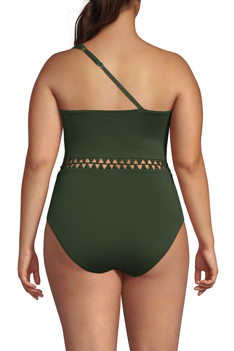 Macrame One Shoulder High Leg One Piece Swimsuit, Alternate, color, Rich Olive Green