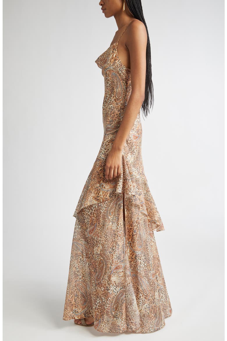 Viola Mixed Print Tiered Silk Gown, Alternate, color, BROWN/ BLUE VALENCIA LEOPARD