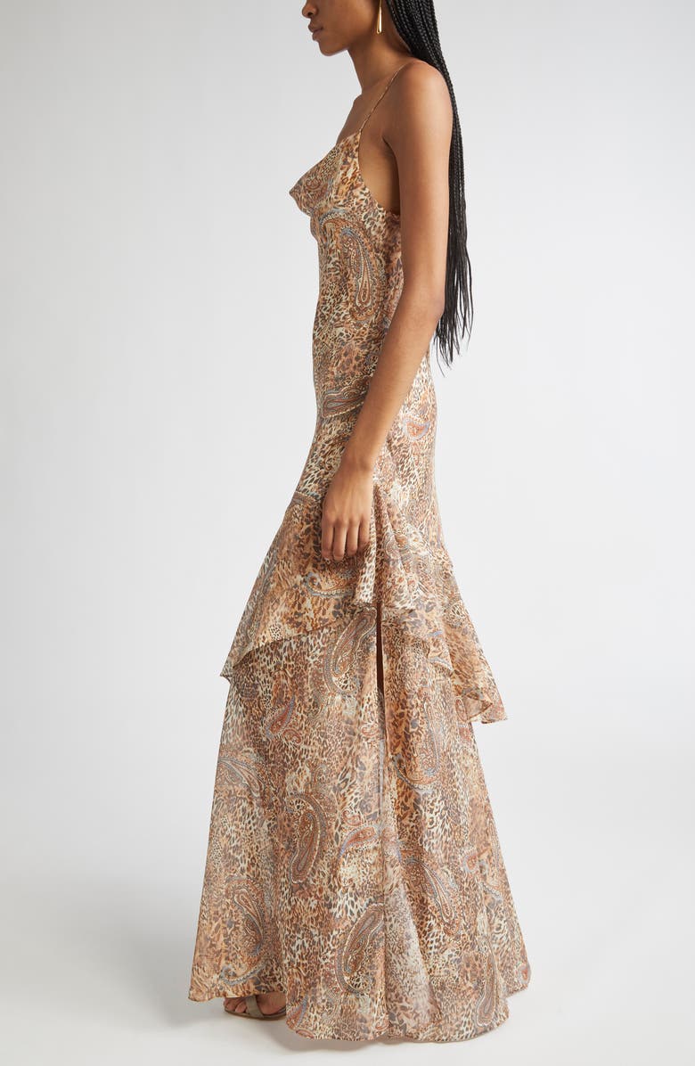 L'AGENCE Viola Mixed Print Tiered Silk Gown, Alternate, color, Brown/ Blue Valencia Leopard