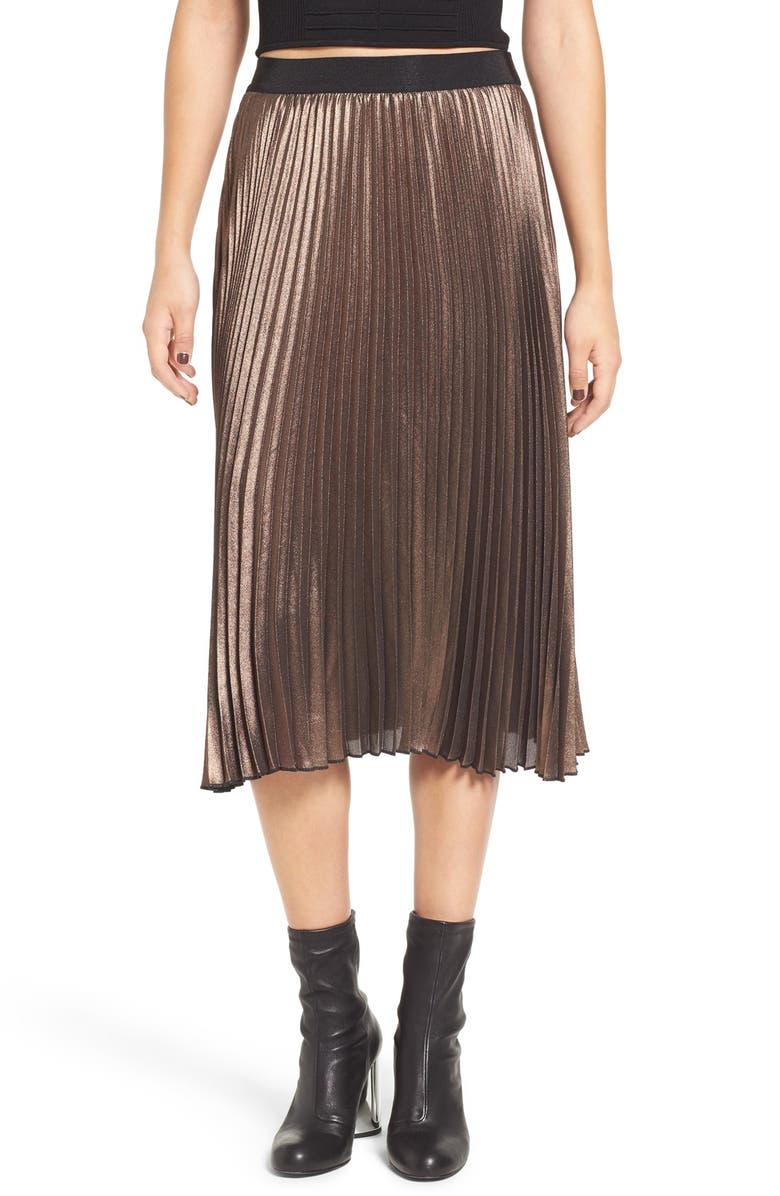 Leith Metallic Pleated Midi Skirt, Main, color,
