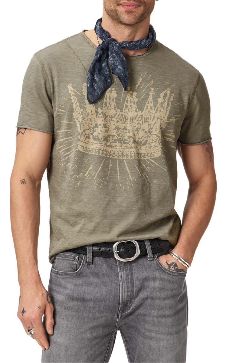 John Varvatos Raw Edge Shoulder Detail Graphic T-Shirt, Main, color, Light Olive
