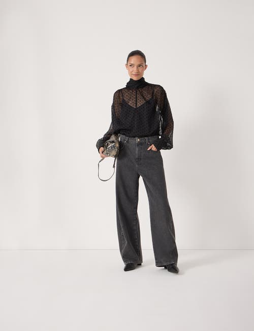 Hush Tie Neck Flocked Spot Blouse In Black