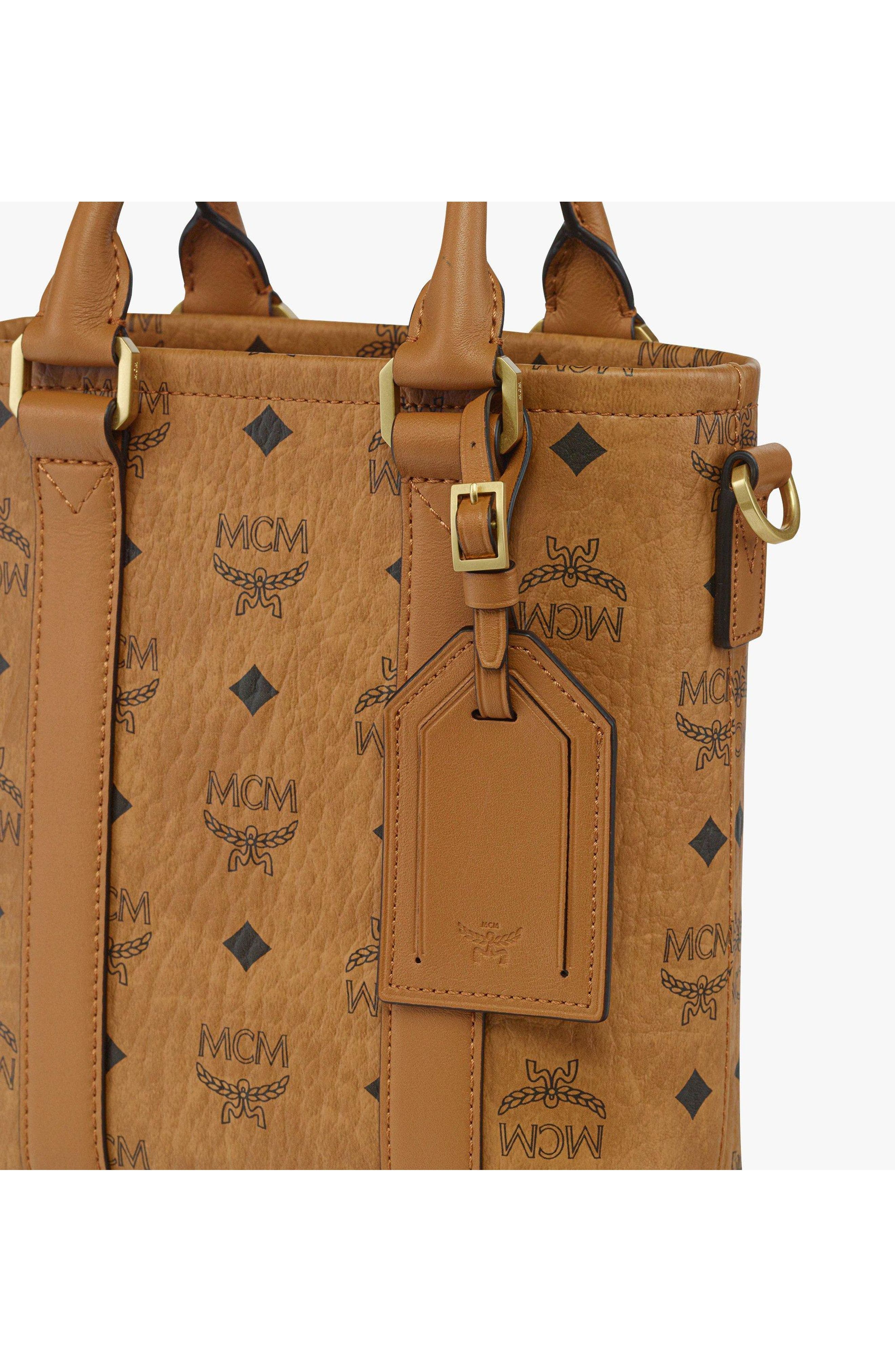 MCM Aren N/S Tote in Visetos, Alternate, color, Cognac