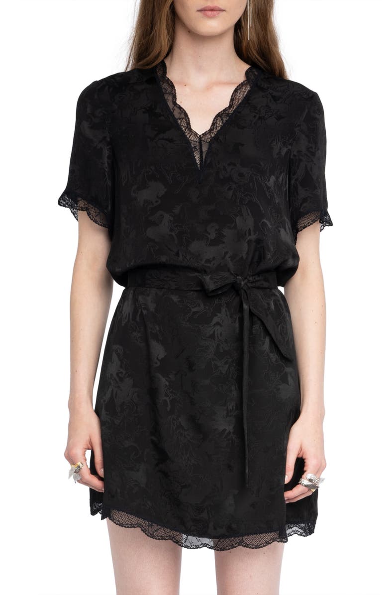 Zadig & Voltaire Rerzo Floral Jacquard Tie Waist Silk Minidress, Alternate, color, Black