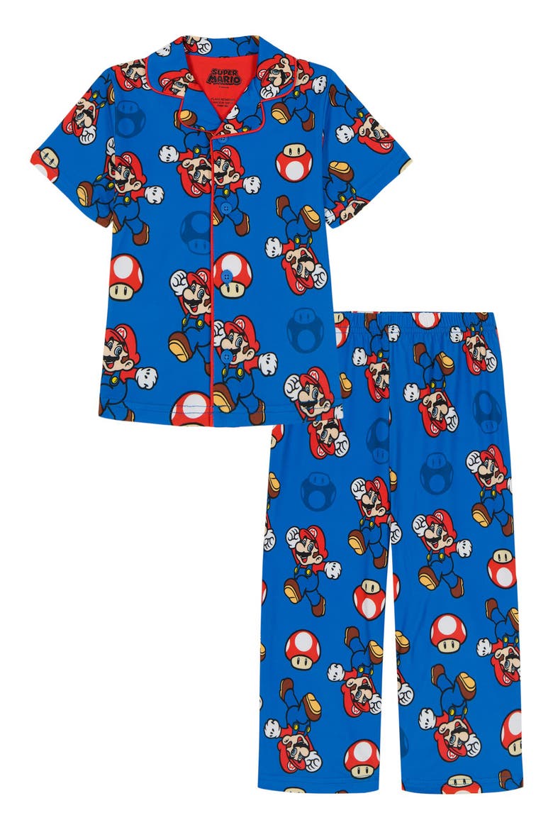 Kids' Super Mario Button Down Pajama Set, Main, color, BLUE