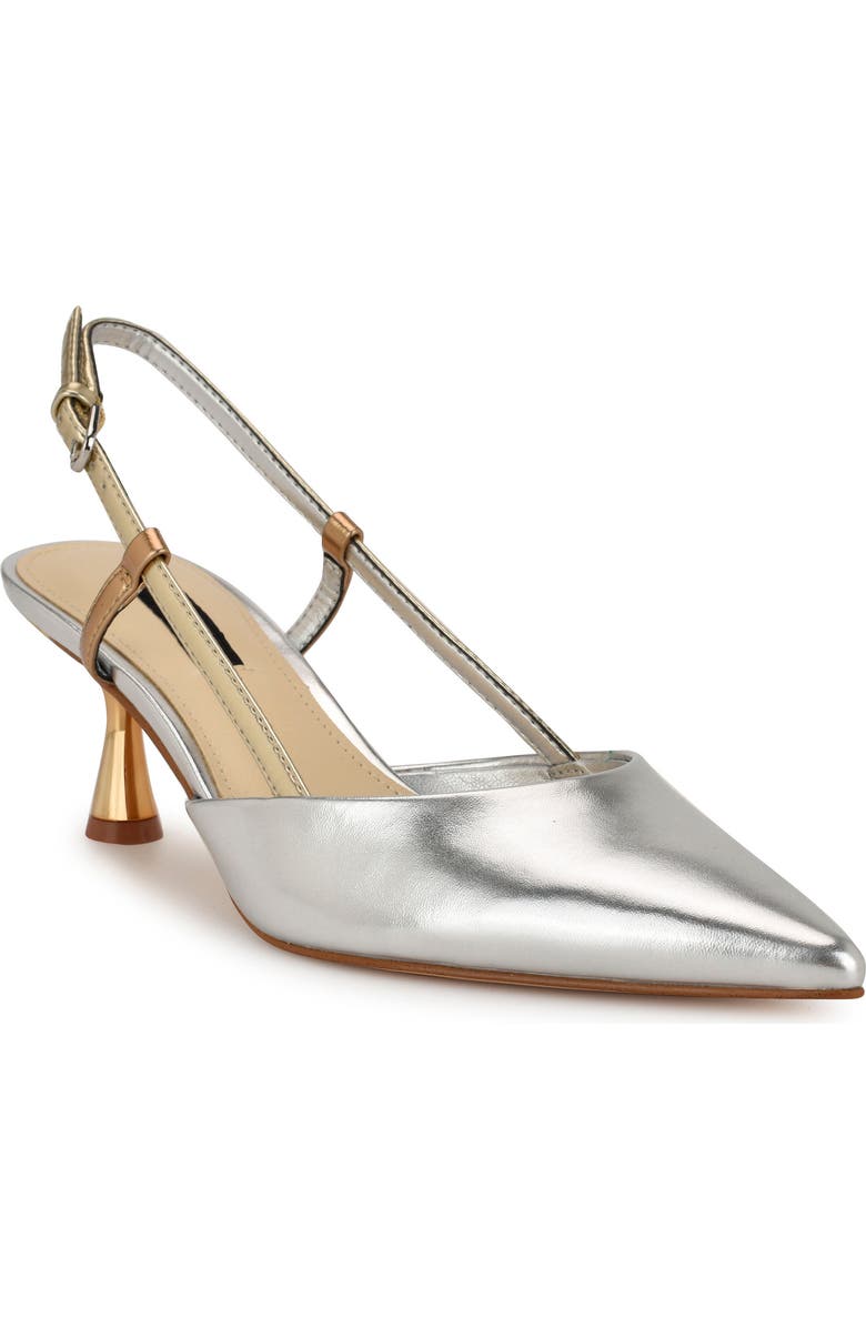 Nine West Rhonda Slingback Pointed Toe Kitten Heel Pump, Main, color, Silver/Gold