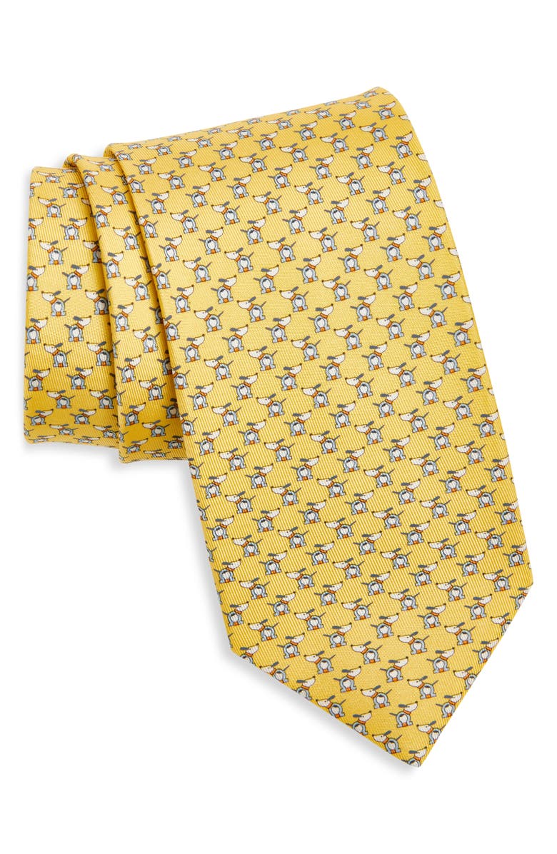 FERRAGAMO Oreste Dog Gancini Print Silk Tie, Main, color, F.giallo