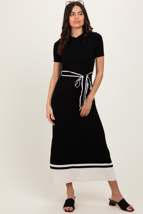 Ribbed Knit Pleated Midi Dress