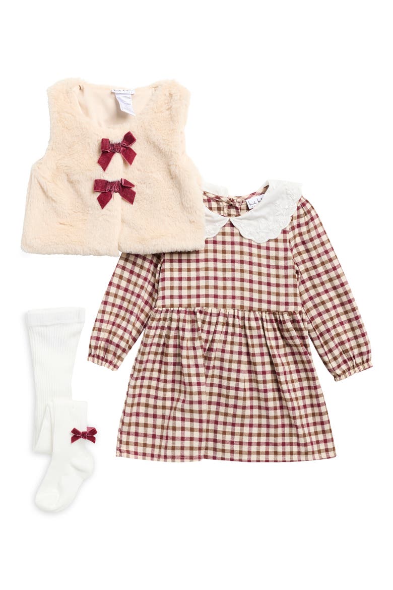 Kids' 3-Piece Faux Fur Vest, Dress & Tights Set, Main, color, SAND DOLLAR