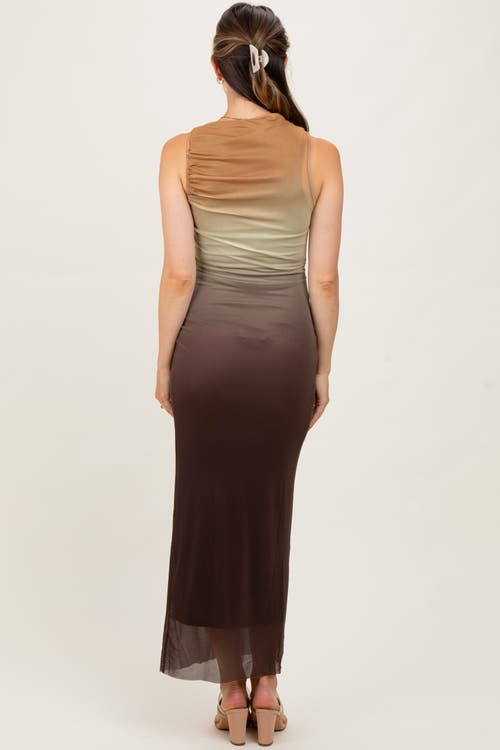 Pinkblush Ombre Mesh Ruched Sleeveless Midi Dress In Brown