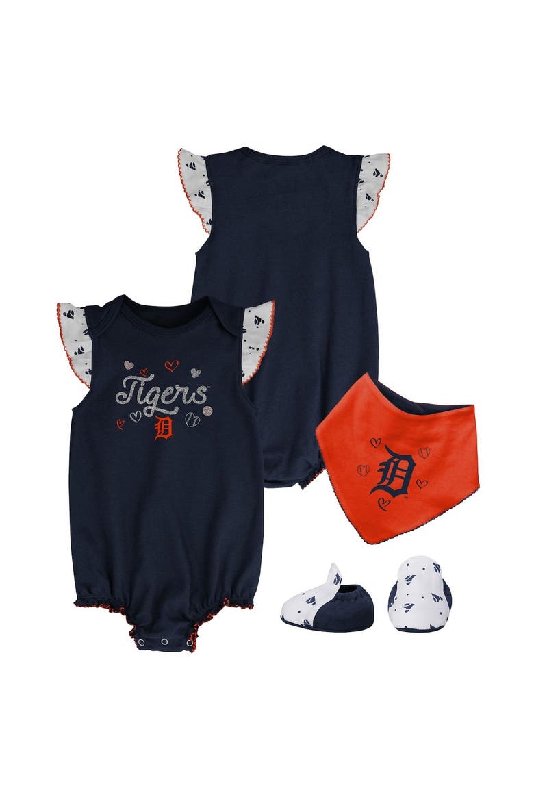 Girls Newborn & Infant Navy Detroit Tigers 3-Piece Home Plate Bodysuit Bib & Booties Set, Alternate, color, Navy