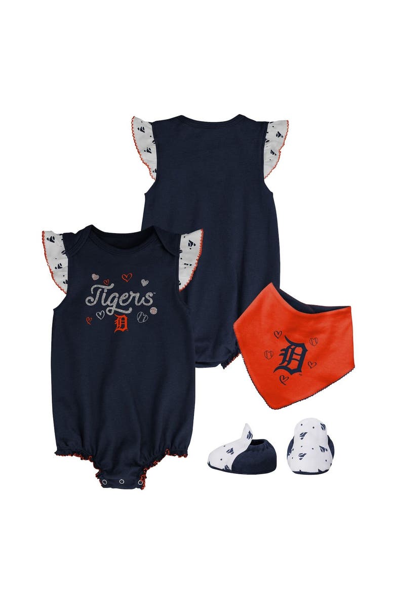 Outerstuff Girls Newborn & Infant Navy Detroit Tigers 3-Piece Home Plate Bodysuit Bib & Booties Set, Alternate, color,