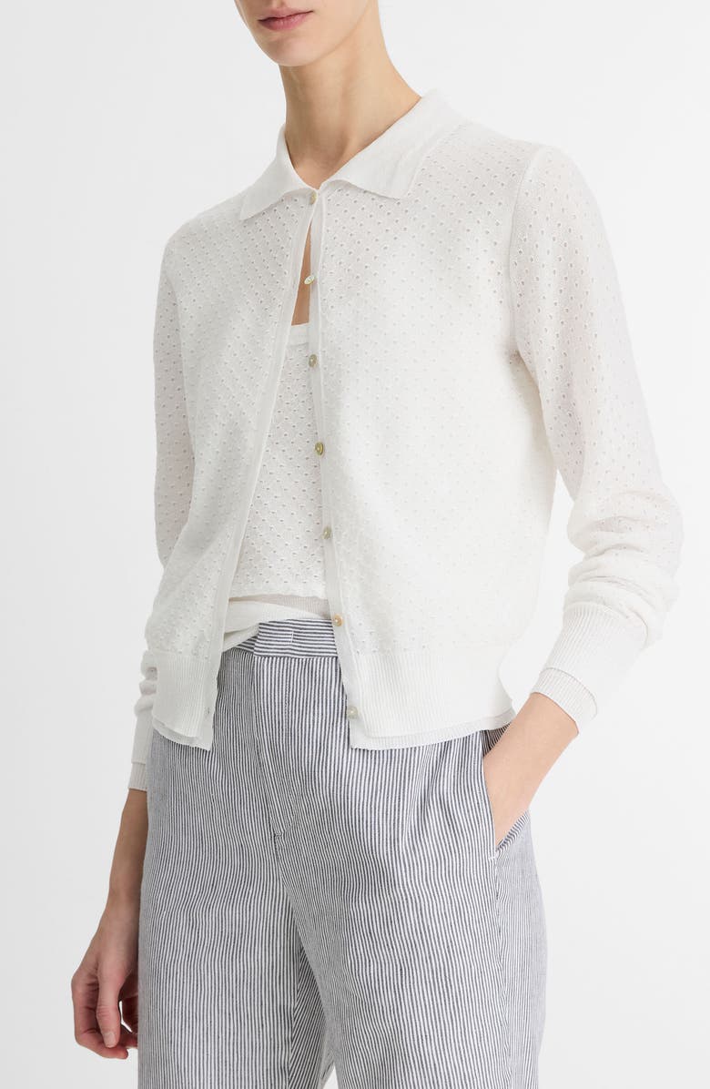 Vince Double Layer Organic Cotton Blend Cardigan, Main, color, Optic White