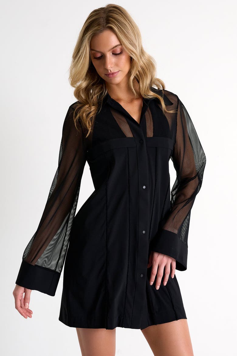 Grid Mesh Beach Shirt-Dress, Main, color, Black