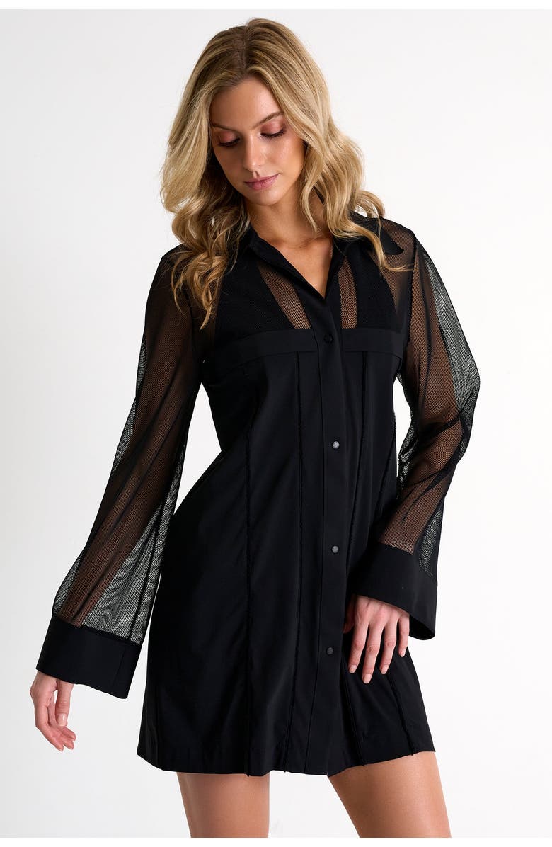SHAN Grid Mesh Beach Shirt-Dress, Main, color, Black