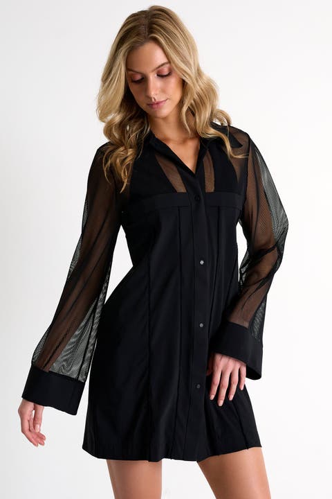 Grid Mesh Beach Shirt-Dress