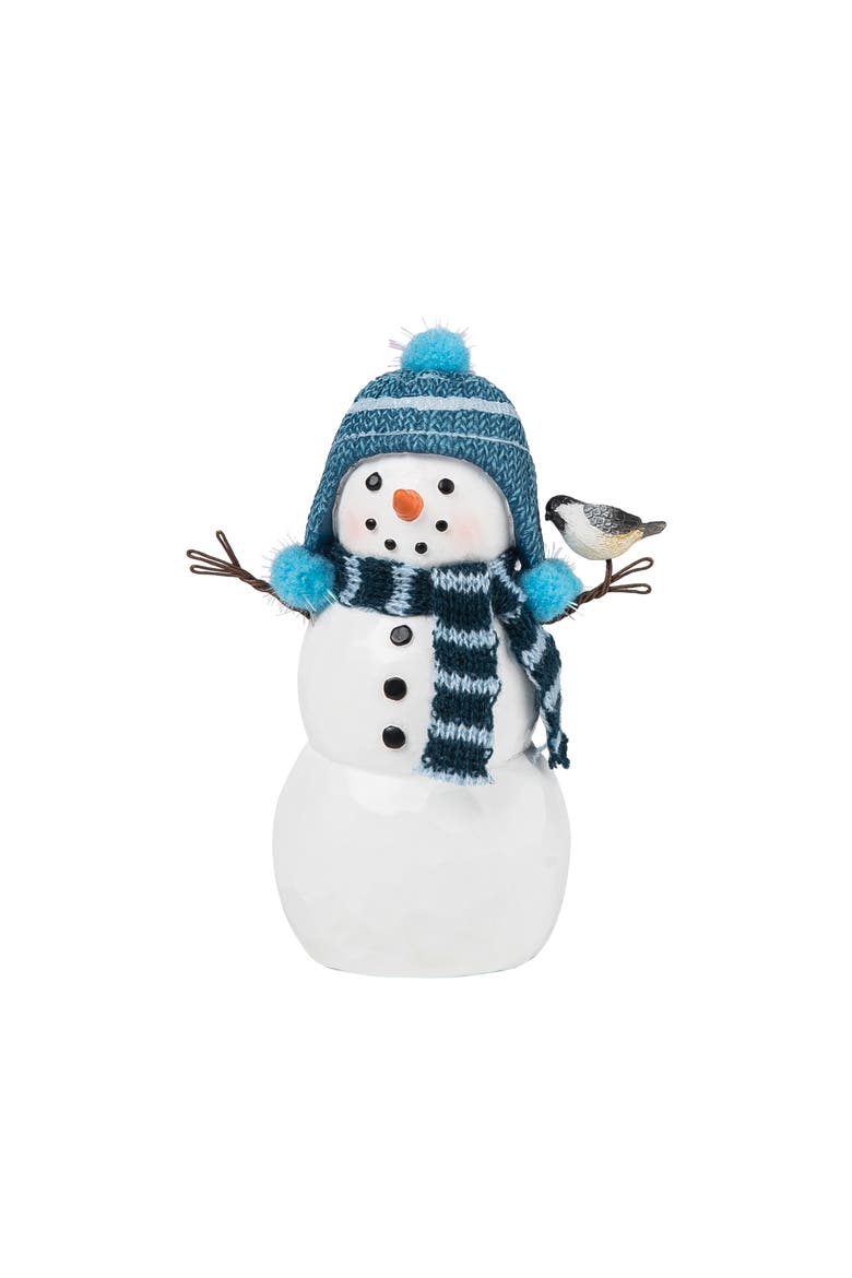 Plaid Scarf Snowman Chickadee Small Christmas Figurine, Main, color, Blue