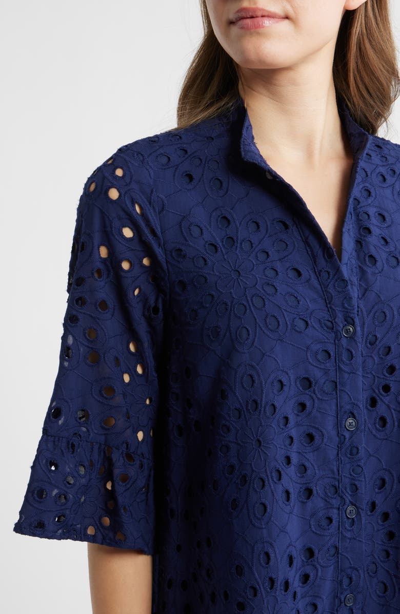 Anne Klein Eyelet Embroidered Tiered Cotton Dress, Alternate, color, Distant Mountain