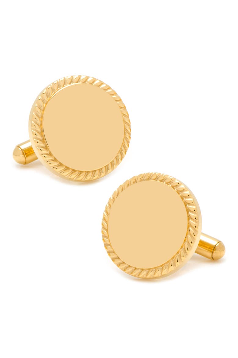 Engravable Round Rope Border 14K Gold Plated Cuff Links, Main, color, GOLD