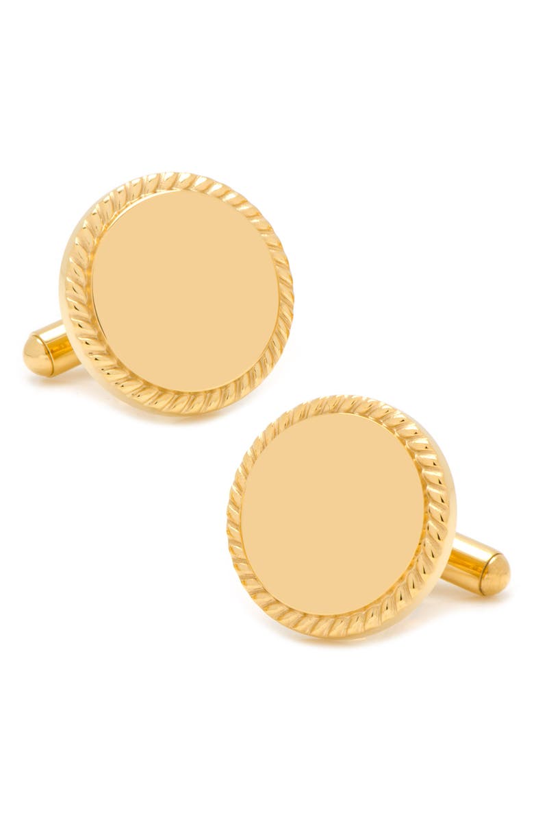 Cufflinks, Inc. Engravable Round Rope Border 14K Gold Plated Cuff Links, Main, color, Gold