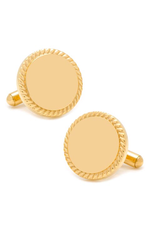 Engravable Round Rope Border 14K Gold Plated Cuff Links