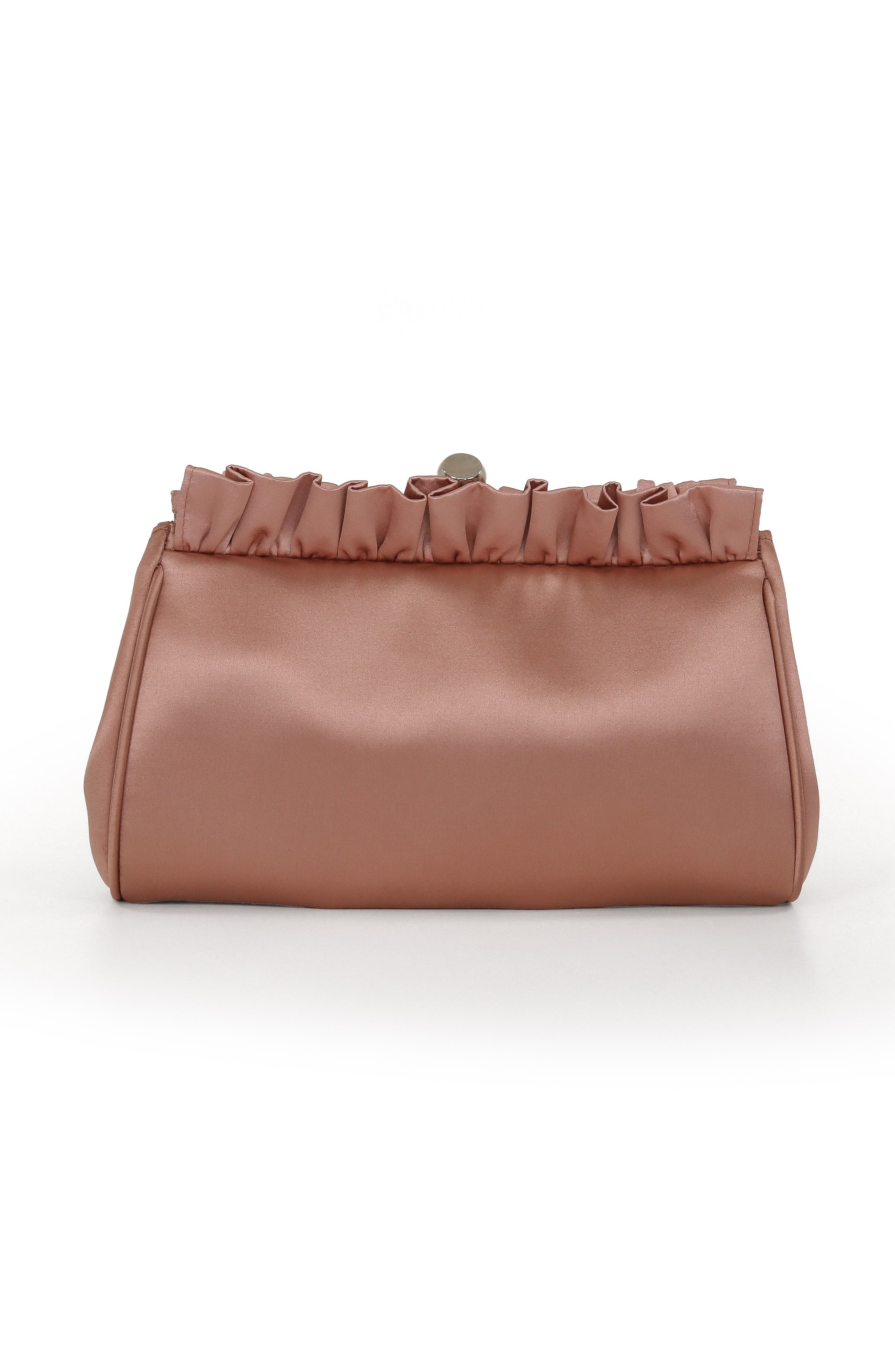Jewel Badgley Mischka Olivia Satin Ruffle Top Pouch Clutch, Main, color, English Rose