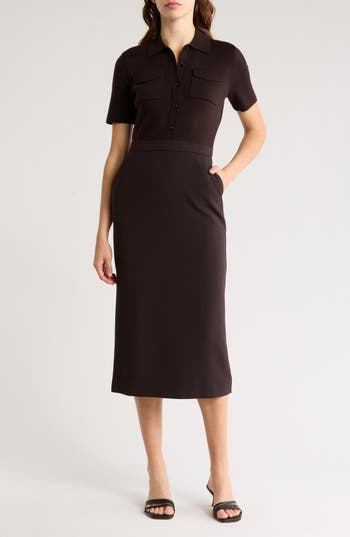 Theory Button Front Mixed Media Crepe Dress In Hickory