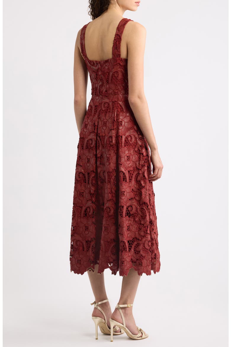 The Chayanne Faux Leather Floral Lace Midi Dress, Alternate, color, TOASTED SAFFRON