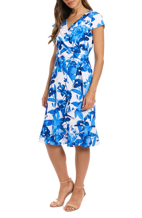 London Times Petite Floral Flutter-sleeve Ruffle Dress In Blue