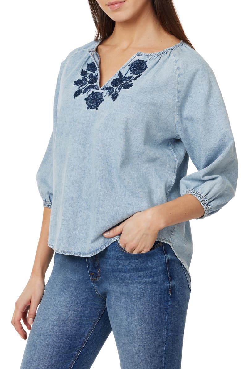 CURVE APPEAL Embroidered Denim Peasant Top, Alternate, color, Palma