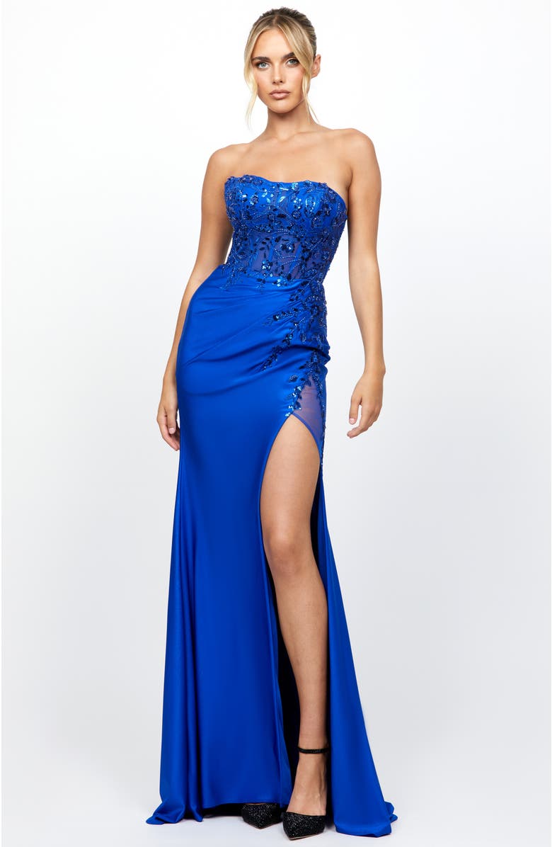 Bariano Madeleine Strapless High Split Gown, Alternate, color, 